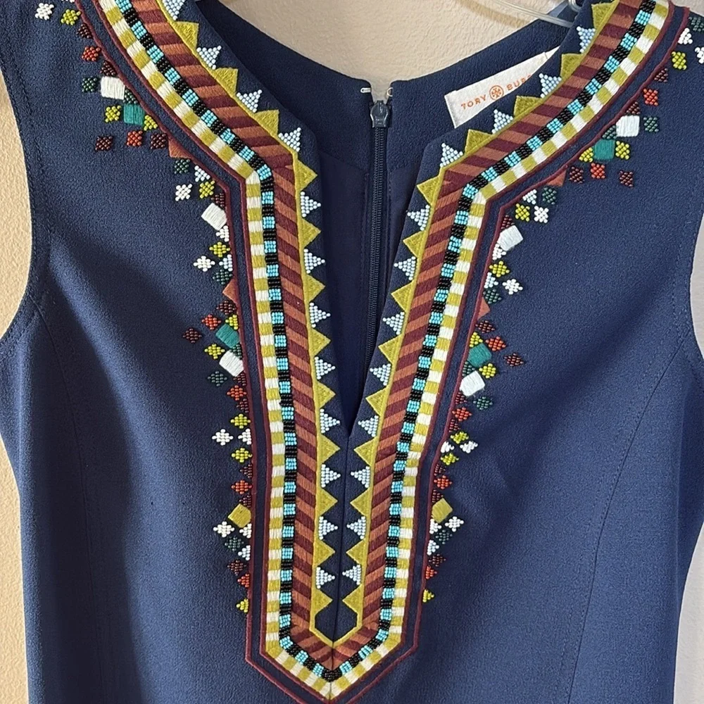 Tory Burch SOPHIA Navy tunic Dress sleeveless Colorful Embroidery / beading 0